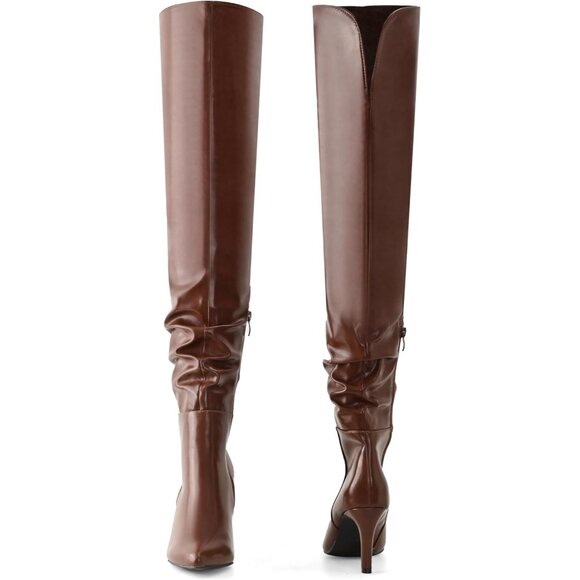 Women Brown Pu Polyurethane Over The Knee Stiletto Heel Pointed Toe Long Boots - Picture 3 of 6